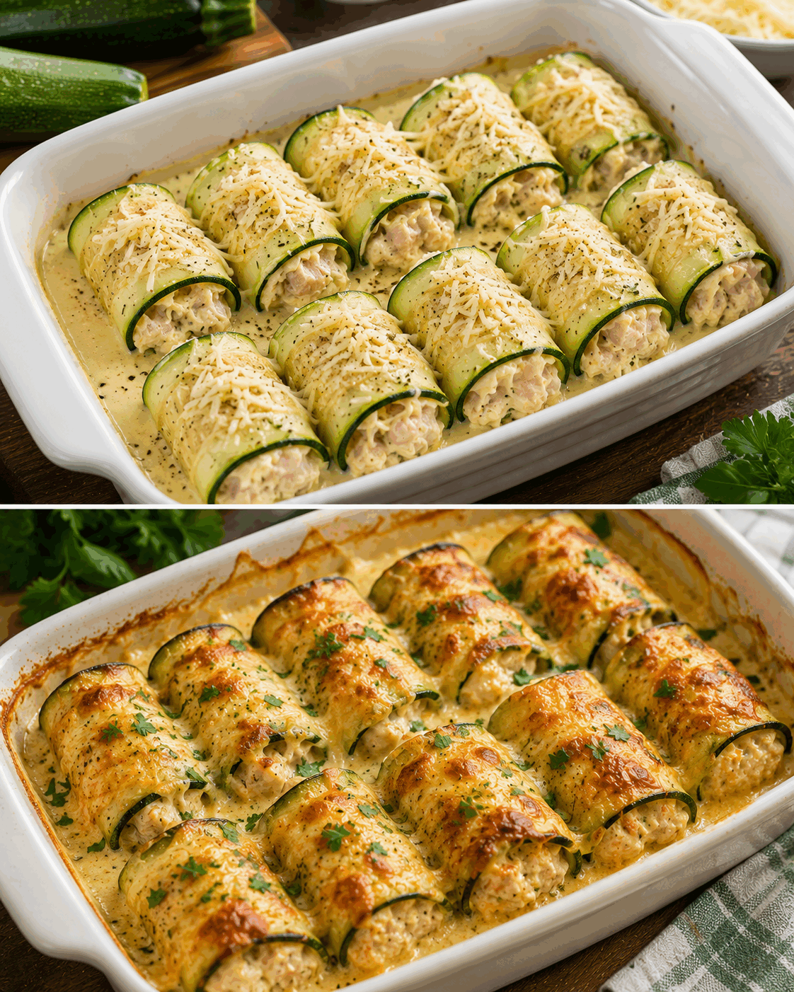 Zapečené cuketové rolky s kuřecím masem: šťavnatý domácí recept plný chuti
