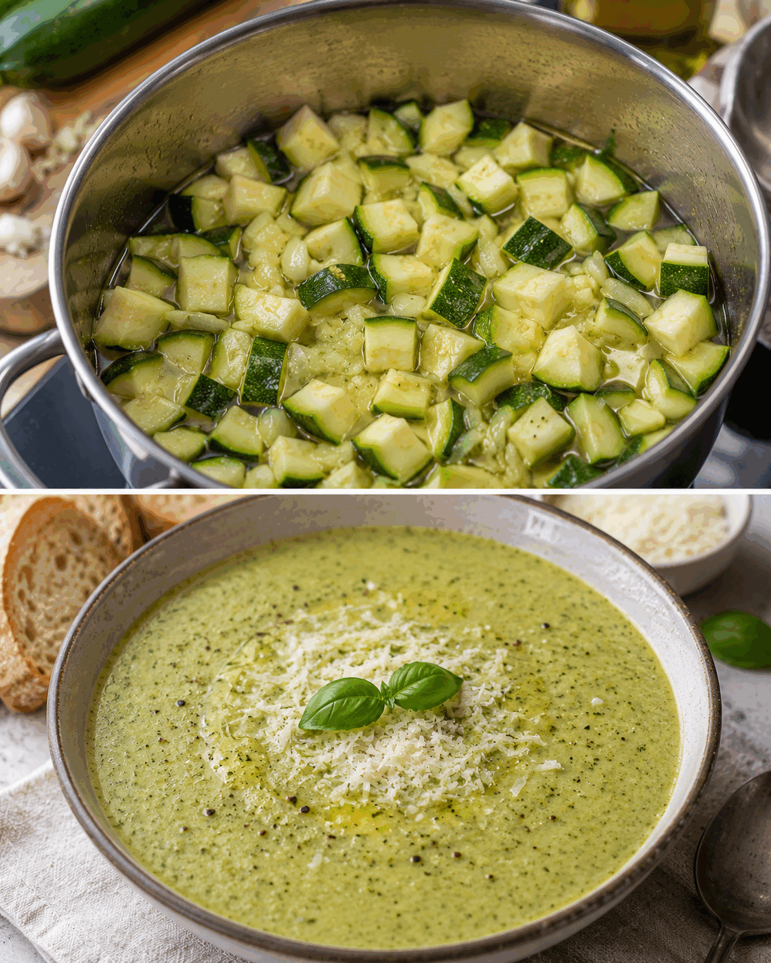Krémová italská cuketová polévka s parmazánem. Lehký recept plný středomořských chutí hotový za 35 minut